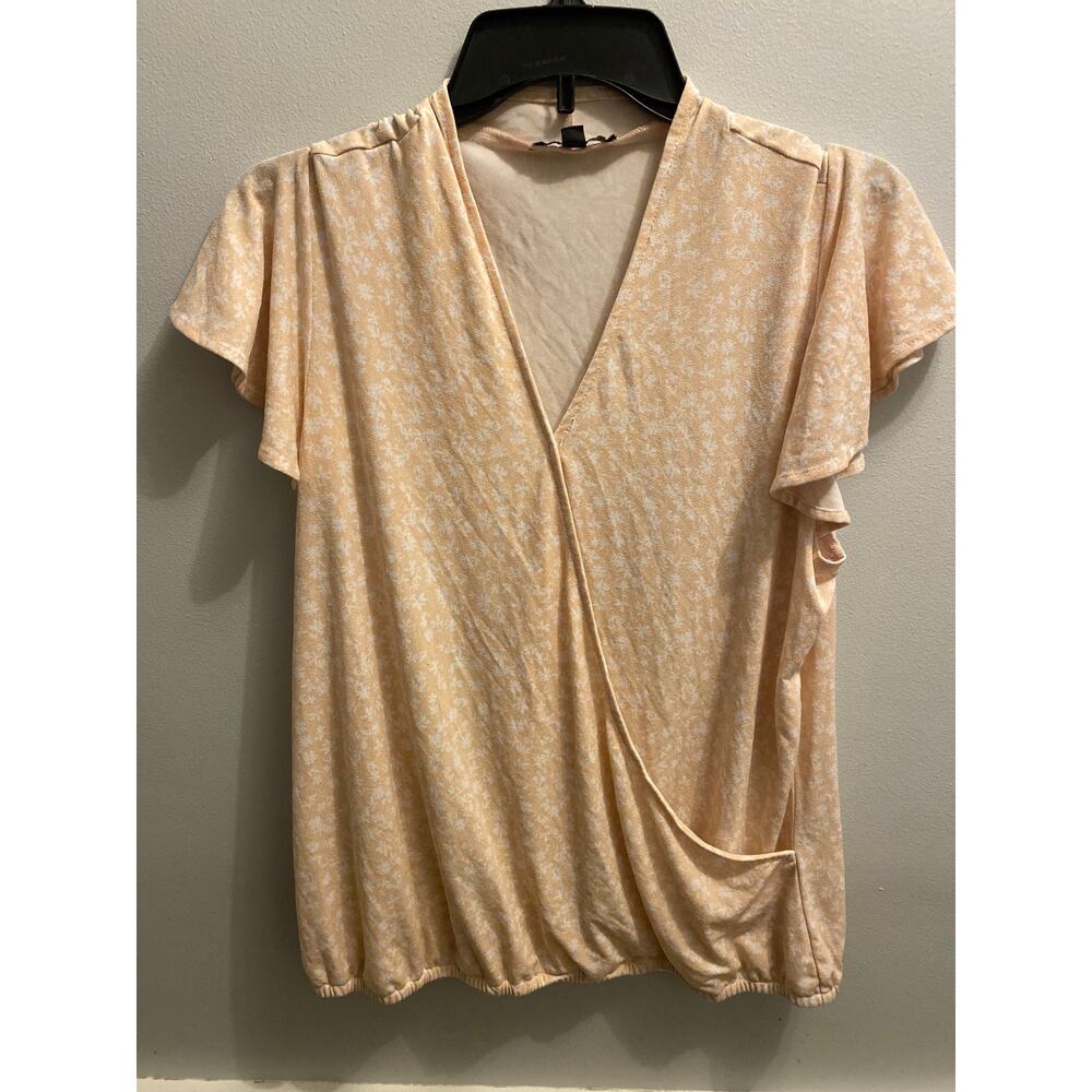 Adrianna Papell Women's Large Peach V Neck Short Sleeve Blouse Top